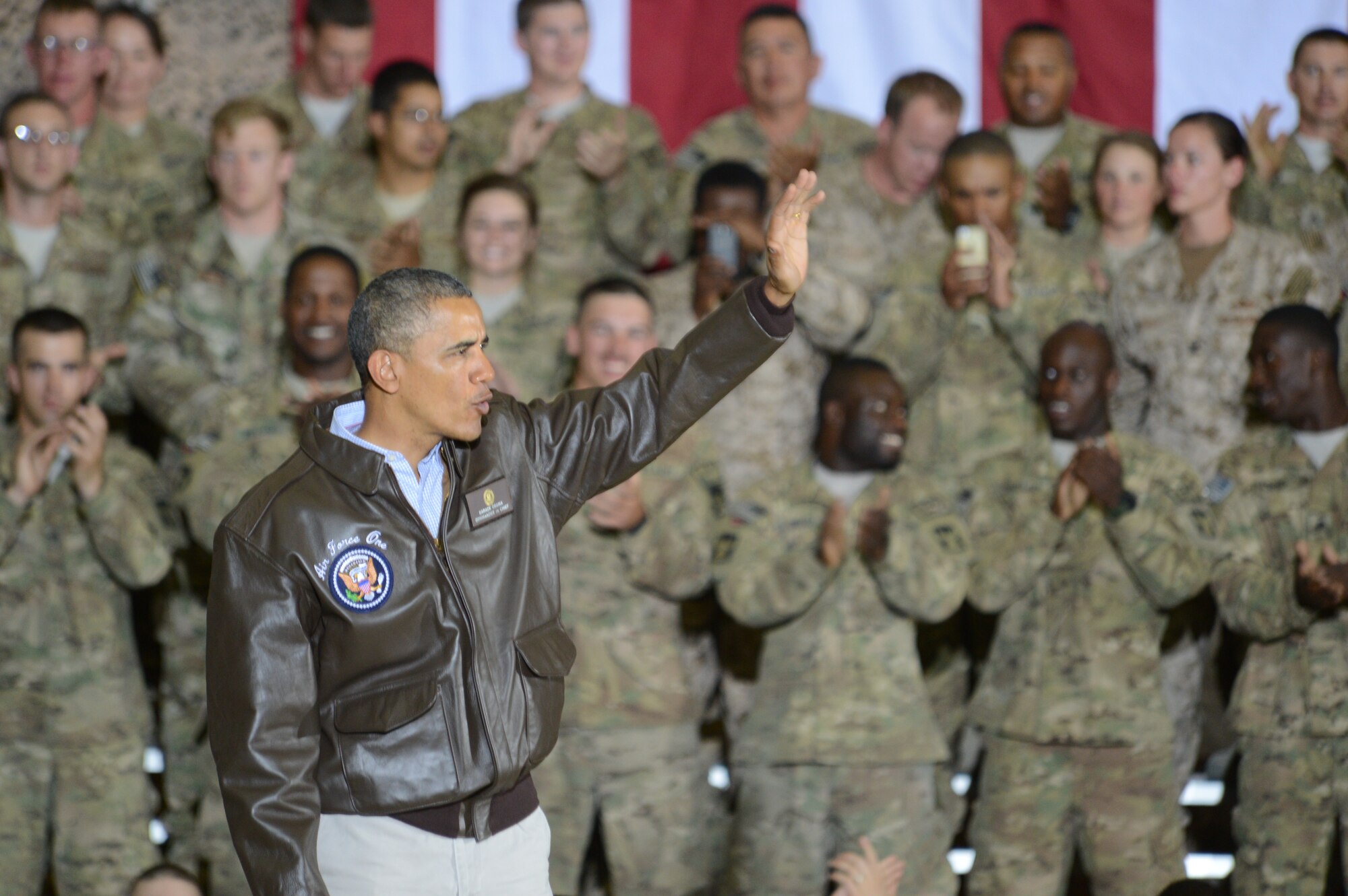 U.S. President Barack Obama visits Bagram Airfield, Afghanistan May 25, 2014. President Obama spoke to the Soldiers, Sailors, Airmen and Marines deployed to the base. After his speech, he shook hands with each and every member present. (U.S. Air Force photo by Master Sgt. Cohen Young) 