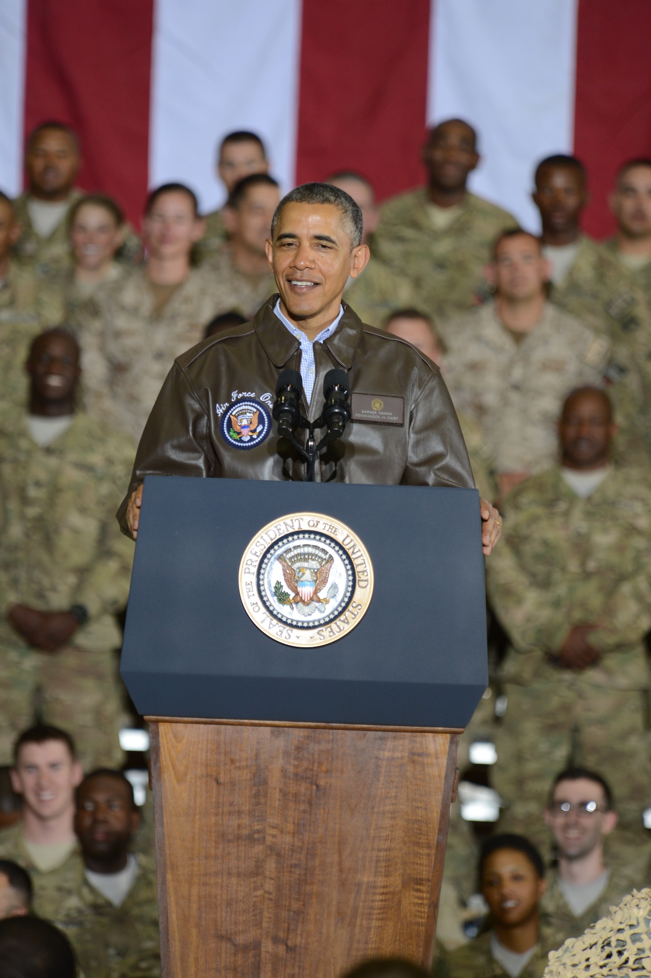 U.S. President Barack Obama visits Bagram Airfield, Afghanistan May 25, 2014. President Obama spoke to the Soldiers, Sailors, Airmen and Marines deployed to the base. After his speech, he shook hands with each and every member present. (U.S. Air Force photo by Master Sgt. Cohen Young) 
