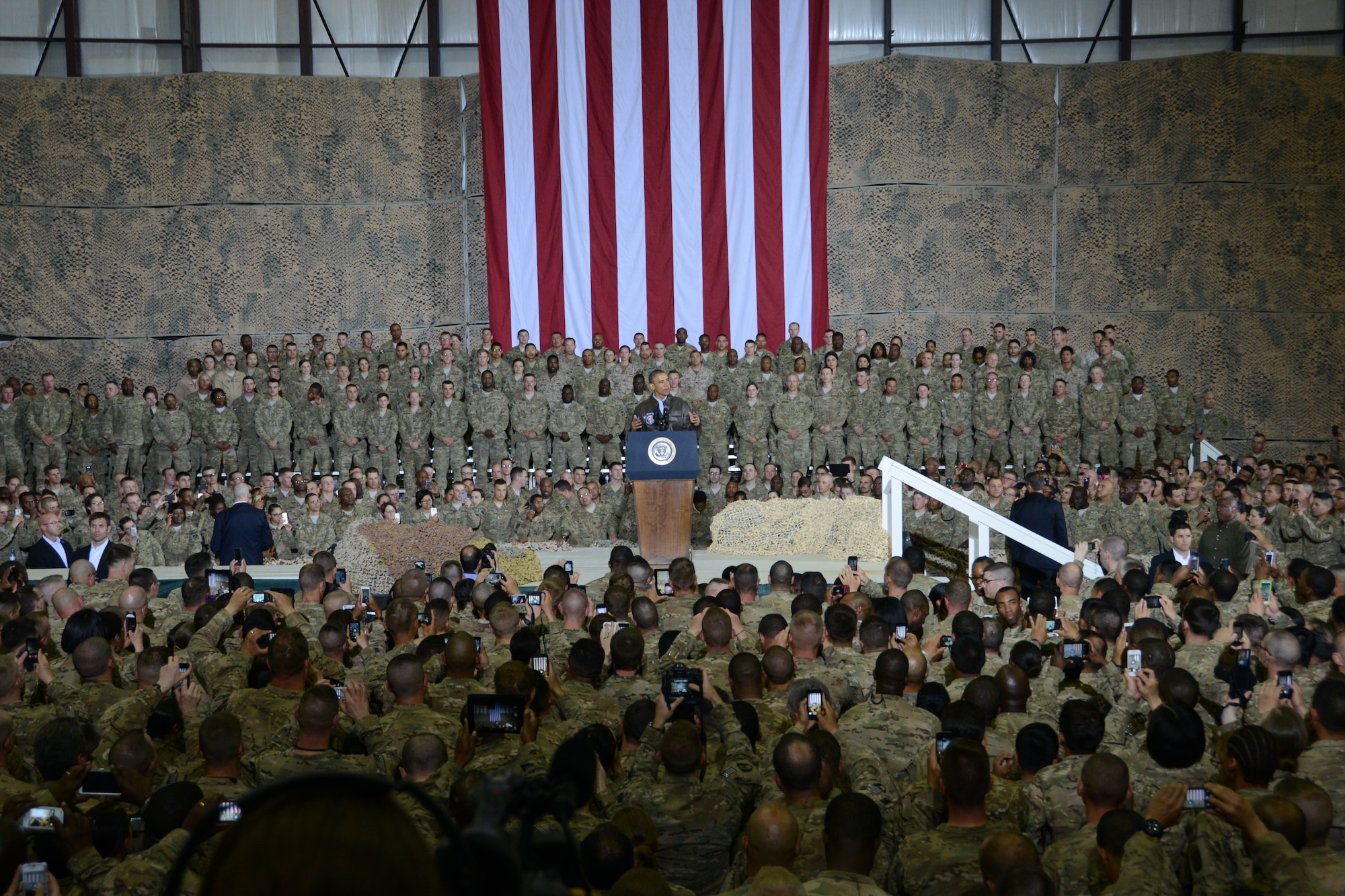 U.S. President Barack Obama visits Bagram Airfield, Afghanistan May 25, 2014. President Obama spoke to the Soldiers, Sailors, Airmen and Marines deployed to the base. After his speech, he shook hands with each and every member present. (U.S. Air Force photo by Master Sgt. Cohen Young) 
