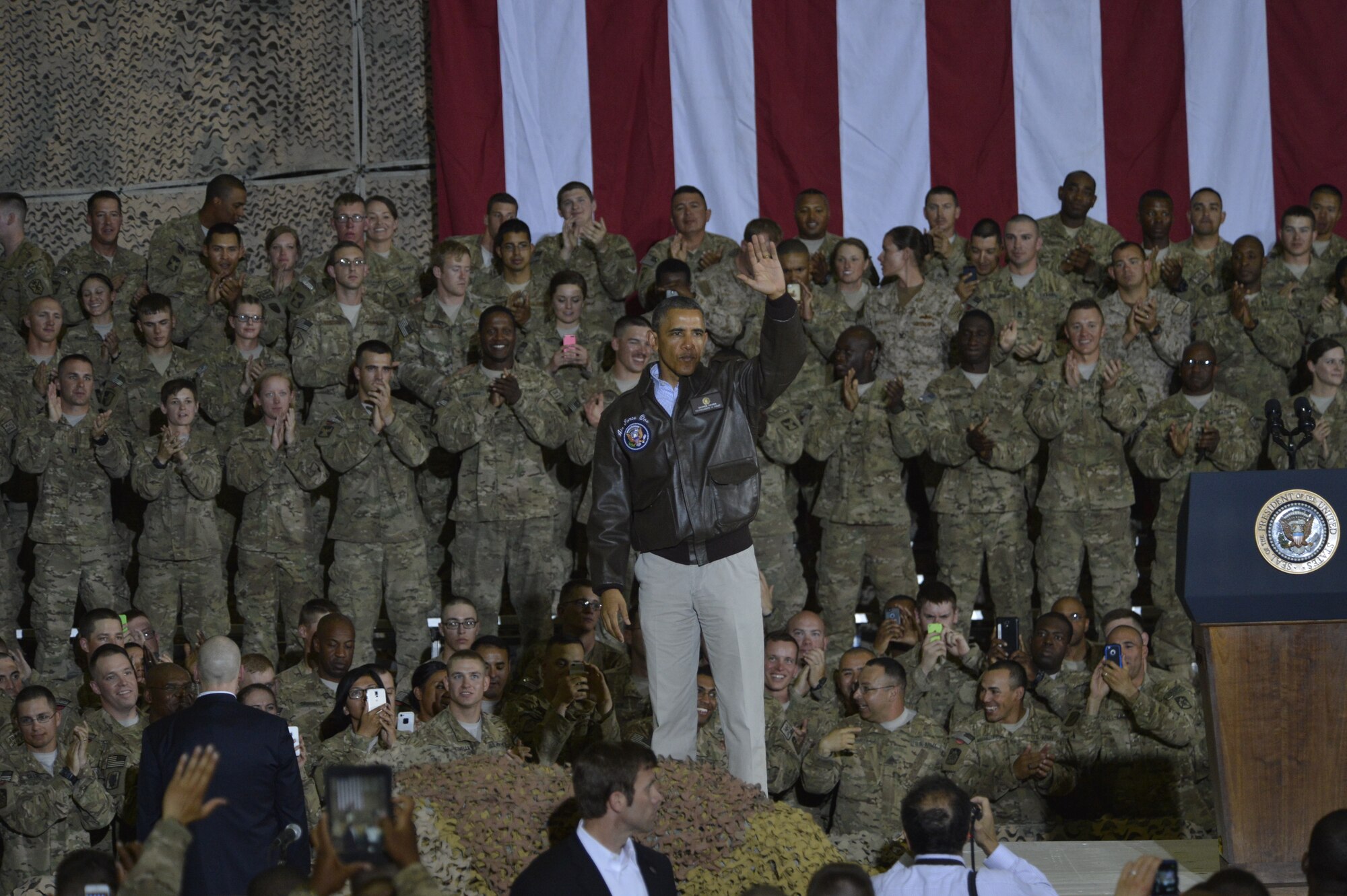 U.S. President Barack Obama visits Bagram Airfield, Afghanistan May 25, 2014. President Obama spoke to the Soldiers, Sailors, Airmen and Marines deployed to the base. After his speech, he shook hands with each and every member present. (U.S. Air Force photo by Staff Sgt. Evelyn Chavez)