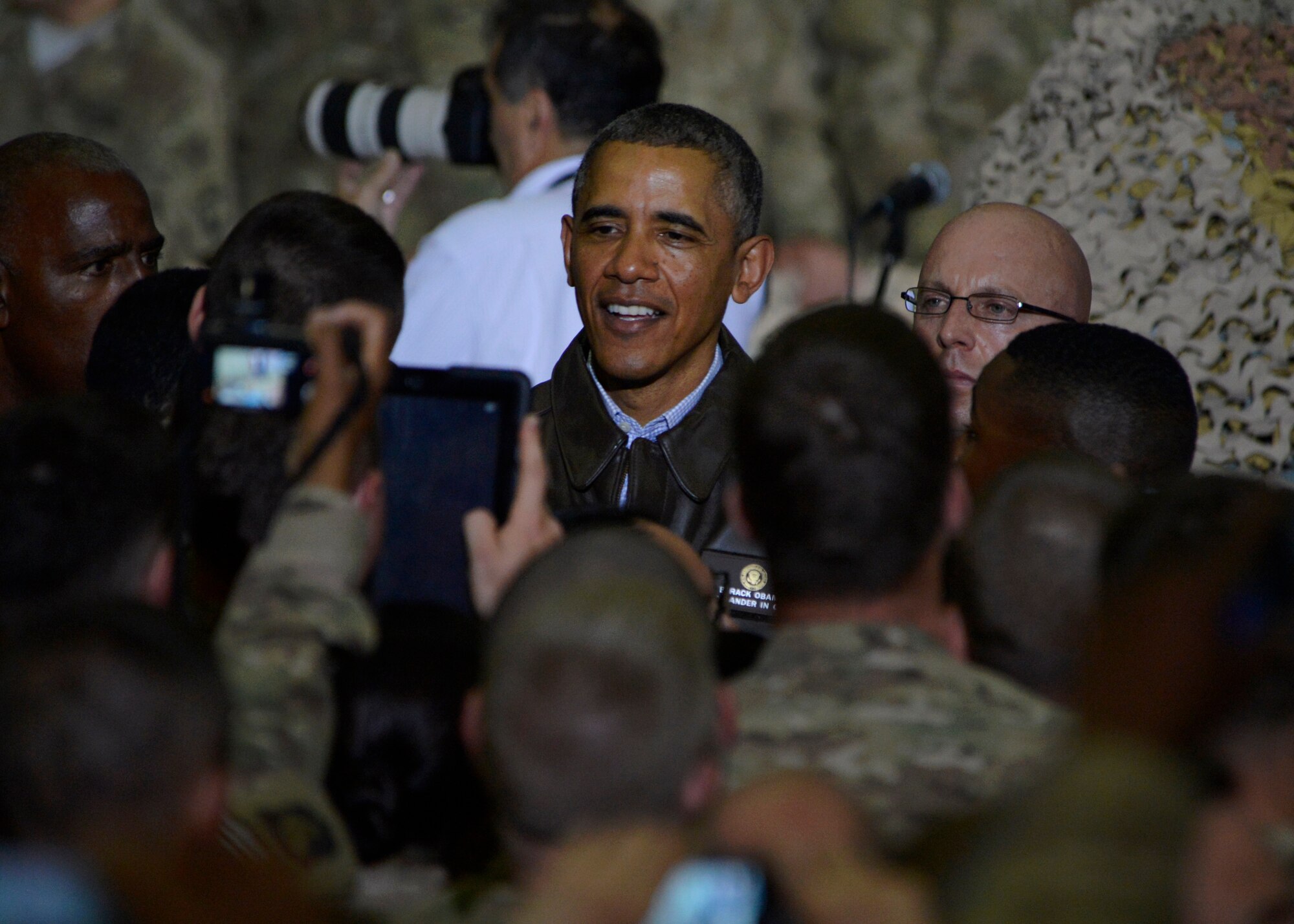 U.S. President Barack Obama visits Bagram Airfield, Afghanistan May 25, 2014. President Obama spoke to the Soldiers, Sailors, Airmen and Marines deployed to the base. After his speech, he shook hands with each and every member present. (U.S. Air Force photo by Staff Sgt. Evelyn Chavez)