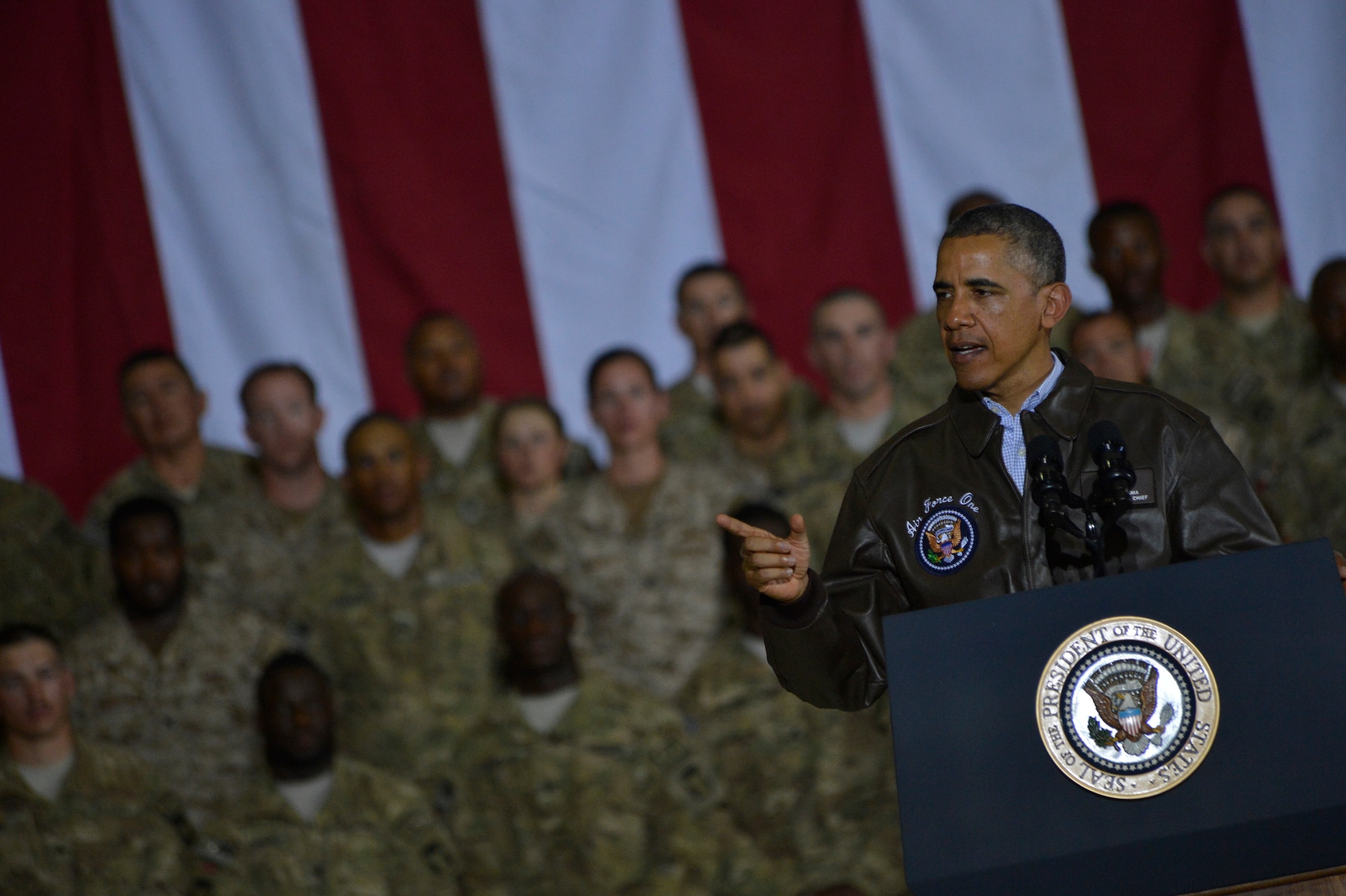 U.S. President Barack Obama visits Bagram Airfield, Afghanistan May 25, 2014. President Obama spoke to the Soldiers, Sailors, Airmen and Marines deployed to the base. After his speech, he shook hands with each and every member present. (U.S. Air Force photo by Staff Sgt. Evelyn Chavez)