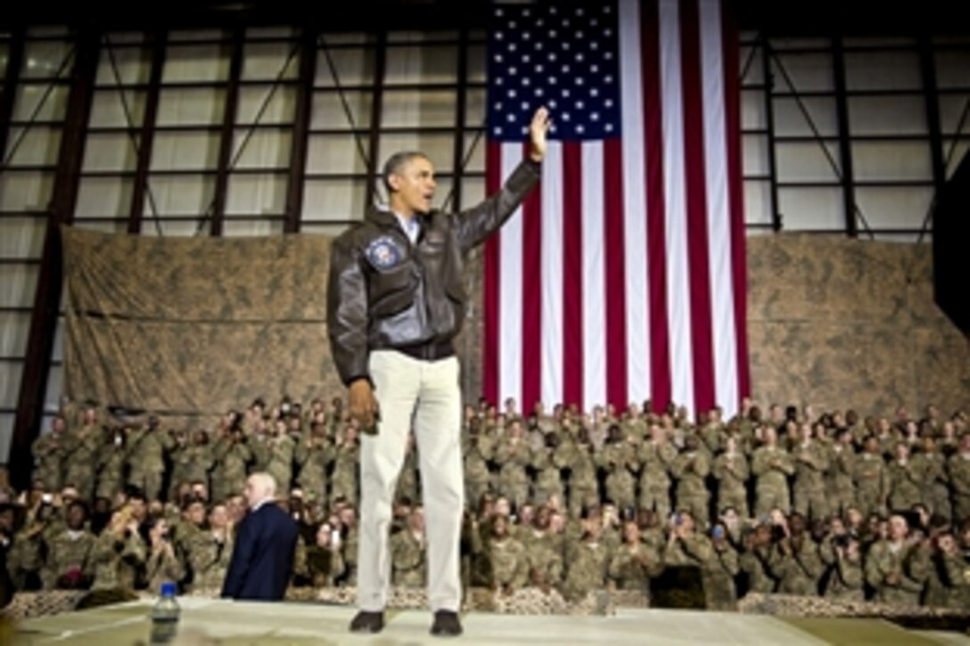 President Barack Obama participants in a rally for U.S. troops during a surprise visit over Memorial Day weekend on Bagram Airfield, Afghanistan, May 25, 2014.