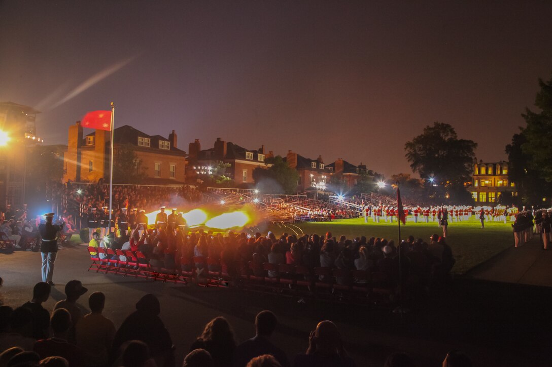 On Friday, "The Commandant's Own" inaugurated the 11th consecutive season of performing 'Ode to Joy' with synchronized cannon fire from the Body Bearer Section from Company B at Marine Barracks, Washington, DC.  Hosted by LtGen Robert Milstead, Marine Barracks honored the president of the Tragedy Assistance Program for Survivors, Ms. Bonnie Carroll with over 400 family members of fallen heroes.  It was an honor to launch this international hymn of freedom with our TAPS (www.taps.org) family.  
(Photo by:Staff Sgt. Oscar L. Olive IV/Released)
