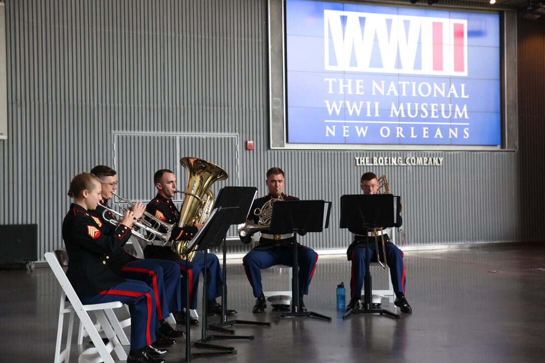 Marine Corps Band New Orleans’s quintet performs during a memorial service in the Boeing exhibit of the National World War II Museum in New Orleans, Louisiana, May 26, 2014. The ceremony honored members of the military who gave the ultimate sacrifice for their country, and was attended by many veterans and family members.