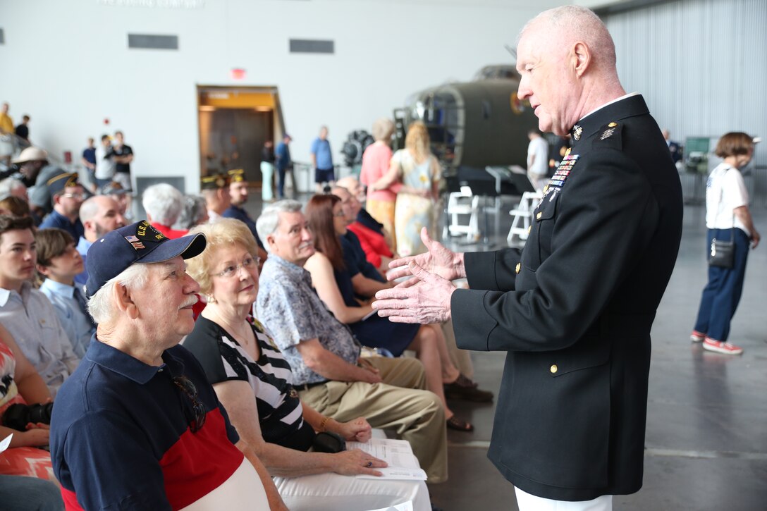 Lieutenant General Richard P. Mills, commander, Marine Forces Reserve, speaks to honorary guests at a memorial service in the Boeing exhibit of the National World War II Museum in New Orleans, Louisiana, May 26, 2014. In the first two rows of chairs sat family members of service members who perished aboard the U.S.S. Tang during its final mission attacking a Japanese convoy of ships, never to return home.  The ceremony honored members of the military who made the ultimate sacrifice for their country, and was attended by many veterans and family members.