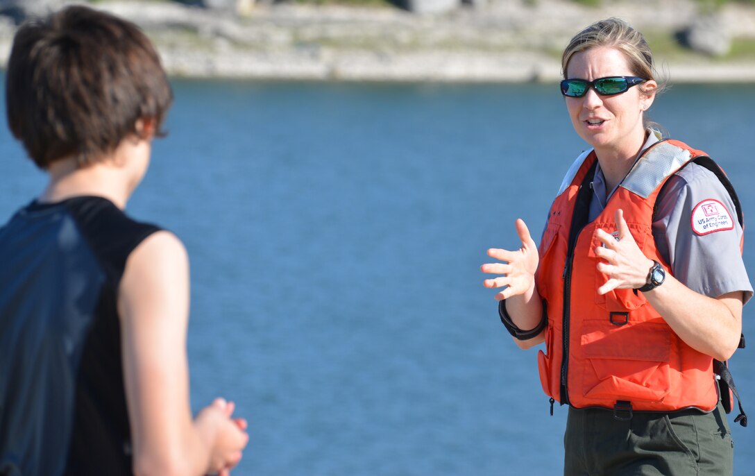 Whitney Lake Park Ranger Tennille Hammonds, gives a safety brief to parents and students from Whitney Middle School April 29 at Walling Bend Park on Whitney Lake during the pre-filming portion of Forever 15: Tragedy on the Water -- a water safety program created by U.S. Army Corps of Engineers park rangers.