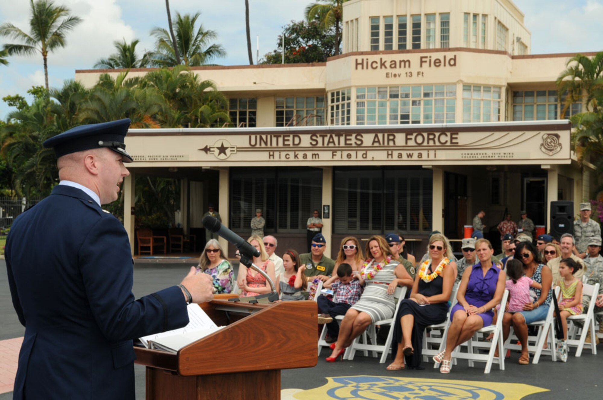 Lt. Col. Jason Work, 96th Air Refueling Squadron commander, addresses the audience during the 96th ARS change of command ceremony on the flightline at Joint Base Pearl Harbor-Hickam, Hawaii, May 22, 2014. (U.S. Air Force photo/David Underwood, Jr.)