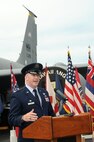 Lt. Col. Jason Work, 96th Air Refueling Squadron commander, speaks during the 96th ARS change of command ceremony on the flightline at Joint Base Pearl Harbor-Hickam, Hawaii, May 22, 2014. (U.S. Air Force photo/David Underwood, Jr.)