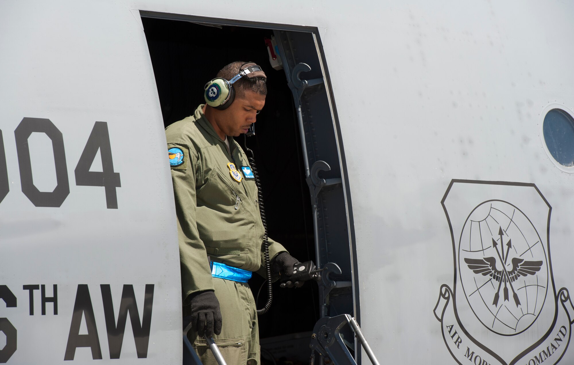 Tech. Sgt. Junius Reid, 9th Airlift Squadron load master, conducts preflight checks on a C-5M Super Galaxy May 27, 2014, at Mountain Home Air Force Base, Idaho. The C-5M Super Galaxy was loaded with cargo from the 391st Fighter Squadron in support of an upcoming deployment. (U.S. Air Force photo by Tech. Sgt. JT May III/RELEASED