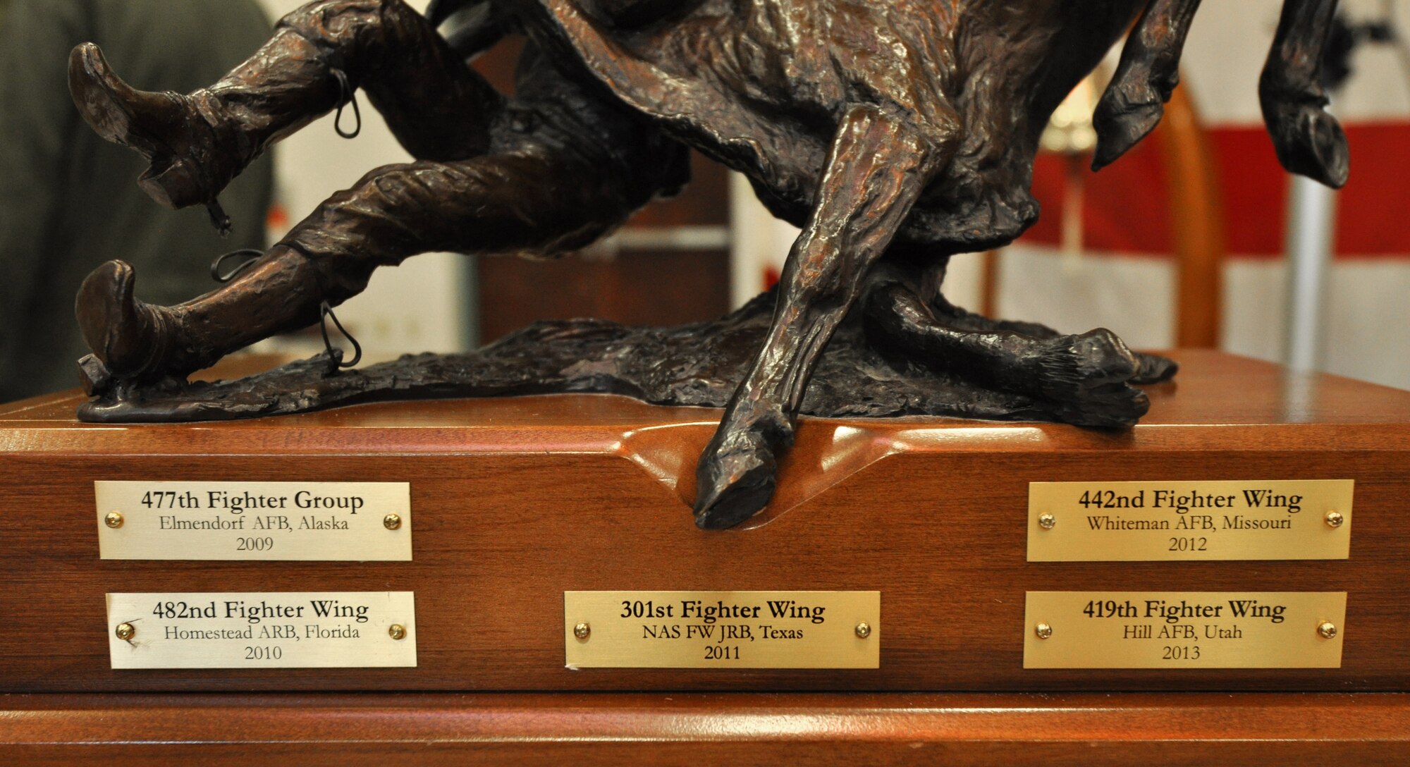 The 10th Air Force Power and Vigilance trophy was presented to the 419th Fighter Wing, Hill Air Force Base, Utah, in a ceremony recently at the Naval Air Station Fort Worth Joint Reserve Base, Texas. The 419 FW was recently proclaimed the premier unit within 10th Air Force, winning trophy bragging rights for the year. The Power and Vigilance Award is presented annually to the 10 AF Reserve unit that exhibits the NAF mission as "the premier provider of affordable, integrated, flexible, and mission-ready Citizen Airmen to execute power and vigilance missions in support of U.S. National Security.” The symbolism of the bronze figure on the award says it all, ‘grabbing the bull by the horns’.  They are only the fifth unit to hold this honor. (U.S. Air Force photo/Master Sgt. Julie Briden-Garcia)