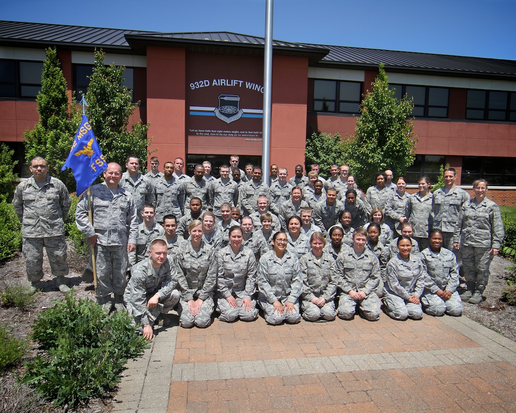 After completeing an open ranks inspection during the May Unit Training Assemby, the 932nd Airlift Wing Force Support Squadron posed for a group photo.  (U.S. Air Force photo by Tech. Sgt. Christopher Parr)