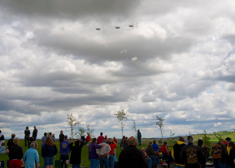 Steersmen perform a flyover during the Memorial Day ceremony at Medical Lake, Wash., May 26, 2014. Memorial Day recognizes men and women who have died while serving in the Armed Forces. The Washington State Veterans Cemetery services nearly 140,000 veterans and their families living in Eastern Washington. (U.S. Air Force photo by Staff Sgt. Michael Means/Released)
