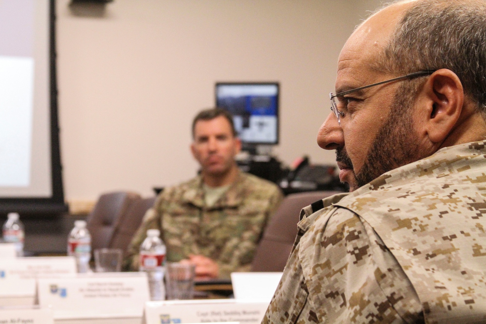 Col. Sean Choquette, Commander of the 563rd Rescue Group, briefs Lt. Gen. Fayyadh Al-Ruwaili, Commander of the Royal Saudi Air Force, on the importance of Exercise ANGEL THUNDER during his visit to Davis-Monthan AFB, Ariz., May 8, 2014.   Al-Ruwaili visited Davis-Monthan AFB by invitation of the Chief of Staff of the Air Force during a counterpart visit.  The primary purpose of visit is to observe Exercise ANGEL THUNDER operations as well as receive an orientation at the 12 AF (AFSOUTH) Air and Space Operations Center.  (U.S. Air Force photo by Tech. Sgt. Heather R. Redman/Released)