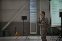 5th Bomb Wing commander Col. Alex Mezynski addresses Airmen during the Sexual Assault Prevention and Response Stand-Down Day all-call at Minot Air Force Base, N.D., May 22, 2014. The all-call, which was part one of the Air Force’s annual resiliency training, included ways to identify an offender and options for anyone affected by sexual assault. (U.S. Air Force photo/Airman 1st Class Lauren Pitts) 