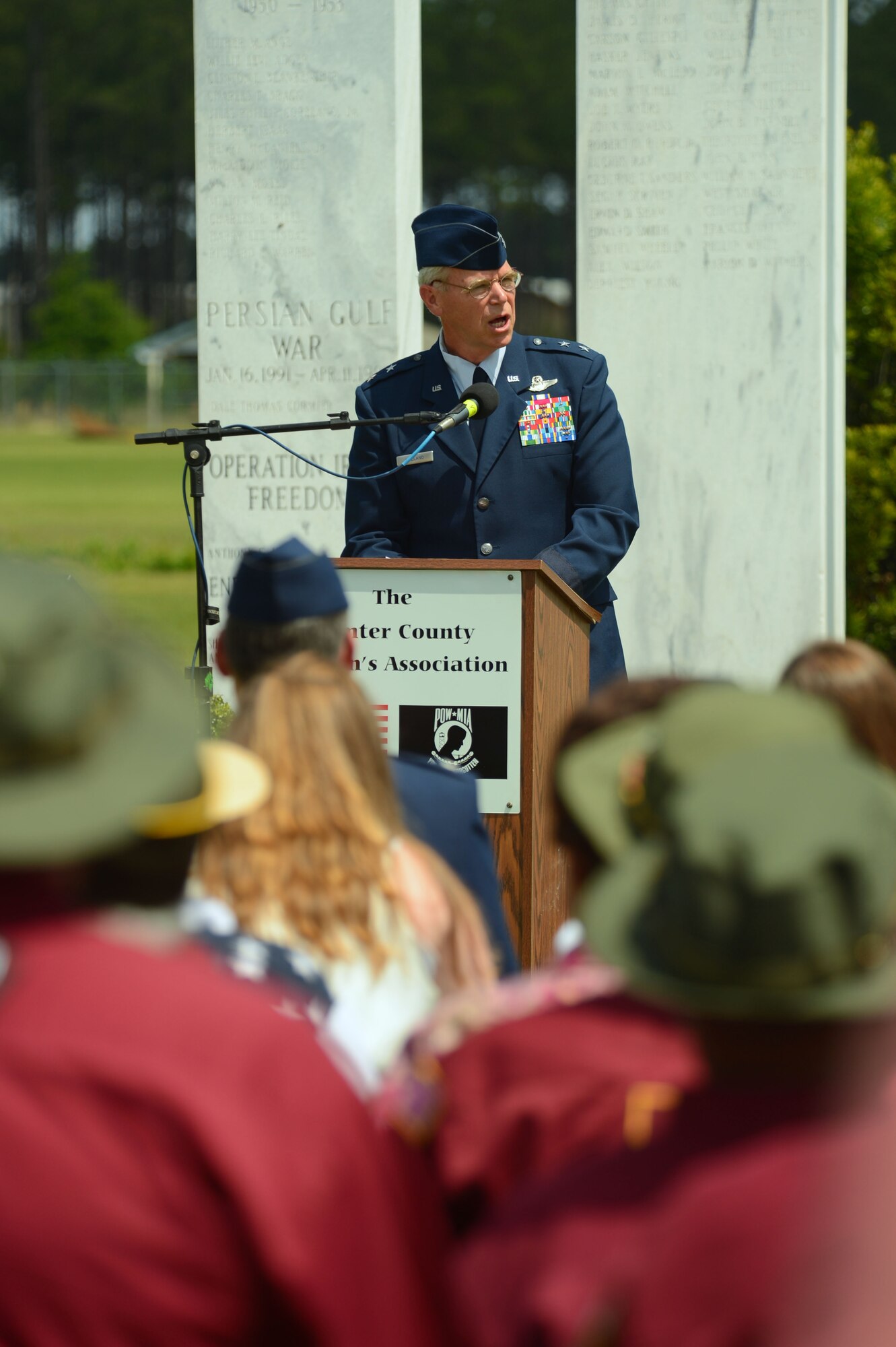 Retired U.S. Air Force Brig. Gen. William Holland speaks during a Memorial Day ceremony at Buford Mabry Park in Sumter S.C., May 26, 2014. Approximately 150 people attended a Memorial Day ceremony to honor those who lost their lives in the line of duty. (U.S. Air Force photo by Airman 1st Class Jensen Stidham/released)
