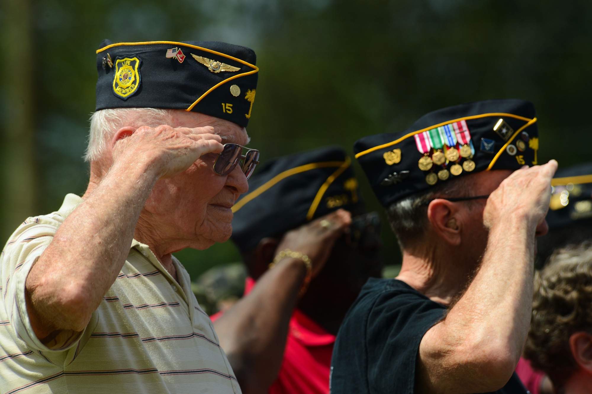 Retired U.S. Marine Corps Master Sgt. Curtis Jones renders a salute during a Memorial Day ceremony at Buford Mabry Park in Sumter S.C., May 26, 2014. Jones, a Vietnam War veteran and 19-year Sumter resident, attended the ceremony to remember the men he served with who never came home. (U.S. Air Force photo by Airman 1st Class Jensen Stidham/Released)