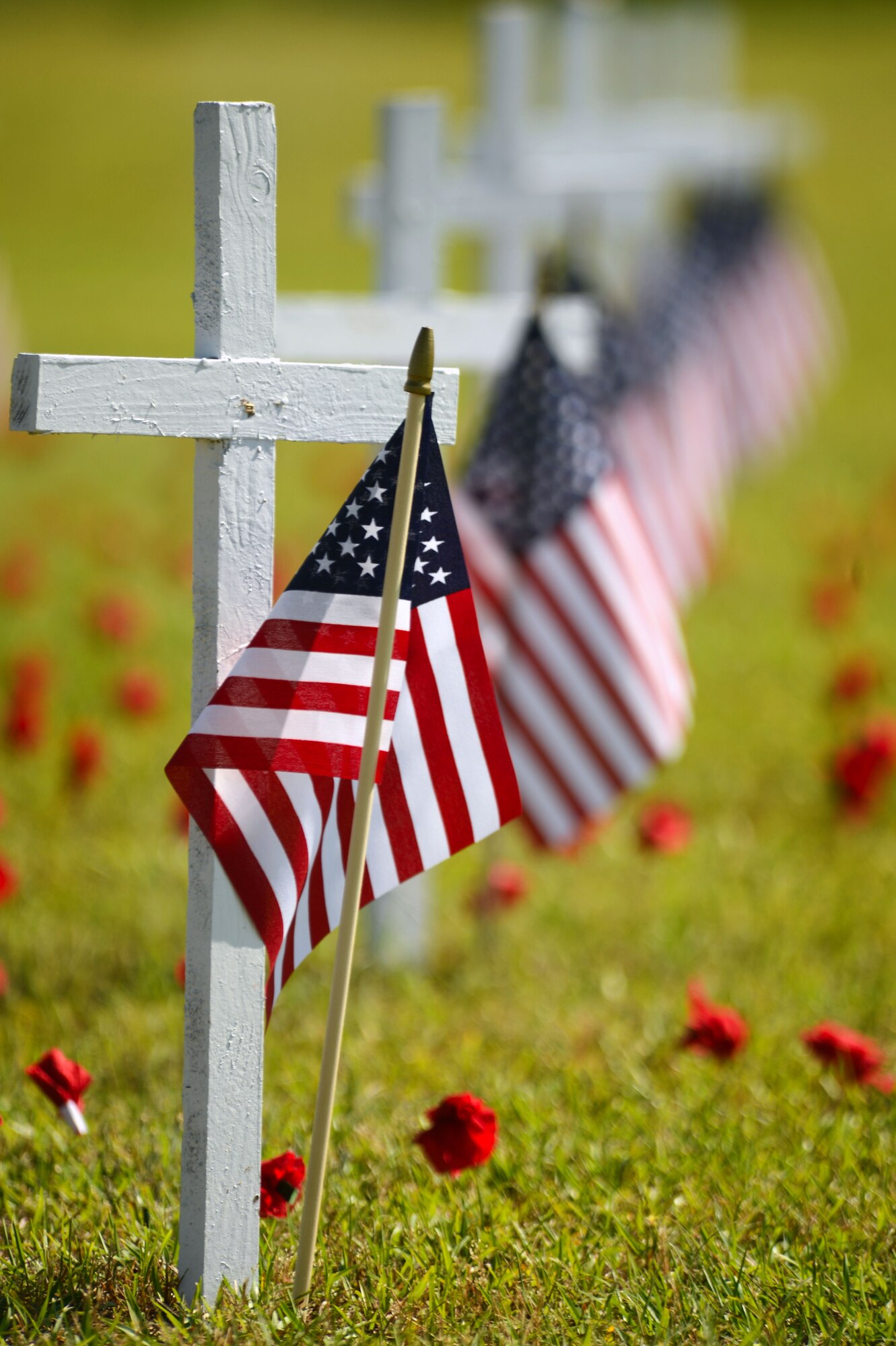 A row of crosses and American flags placed at Buford Mabry Park in Sumter S.C., May 26, 2014, represent the fallen men and women of the armed services. Approximately 150 people attended the Memorial Day ceremony to honor those who lost their lives in the line of duty. (U.S. Air Force photo by Airman 1st Class Jensen Stidham/released)