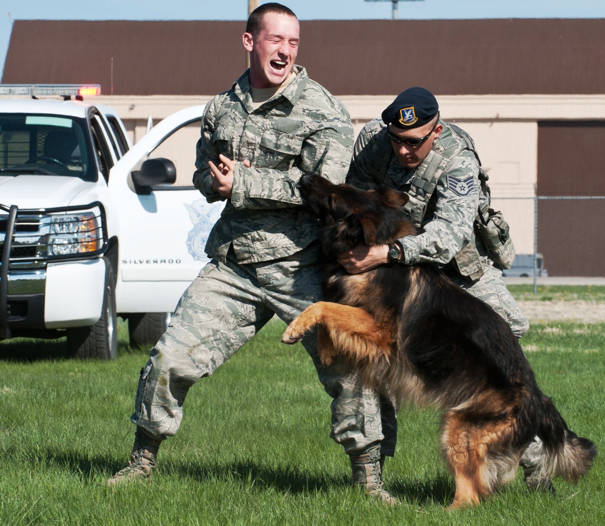 Staff Sgt. Mark Sidle (right), 28th Security Forces Squadron military working dog handler, calls off his dog, Arco, during an apprehension demonstration on a decoy, Senior Airman Jared Poe, 28th SFS military working dog handler, done as part of Spouse Appreciation Day at Ellsworth Air Force Base, S.D., May 10, 2013. Event planners are working to have similar demonstrations along with static display aircraft, food and entertainment as part of Ellsworth's Black Hills Community Appreciation Day Aug. 16, 2014. (U.S. Air Force photo by Senior Airman Alystria Maurer/Released) 