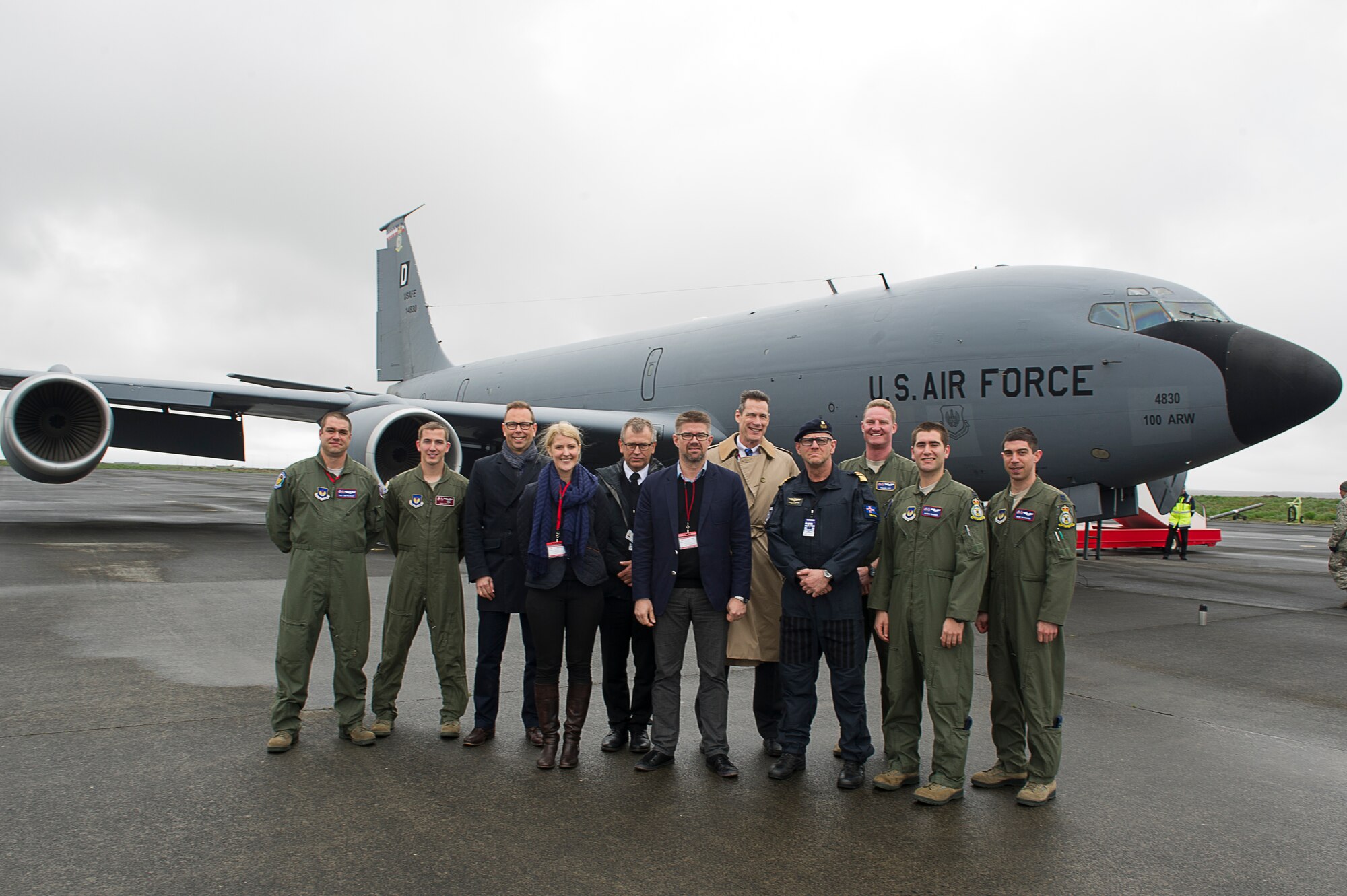 KEFLAVIK, Iceland -- Icelandic Minister of Foreign Affairs Gunnar Sveinsson, his staff, Director General of the Icelandic Coast Guard Georg Larusson, and U.S. Embassy Charge d’affaires Paul O’Friel visited Keflavik International Airport and flew on a KC-135 Stratotanker May 27, 2014 to witness the U.S.-led Icelandic Air Policing mission currently happening there. (U.S. Air Force photo/Tech. Sgt. Benjamin Wilson)(Released)