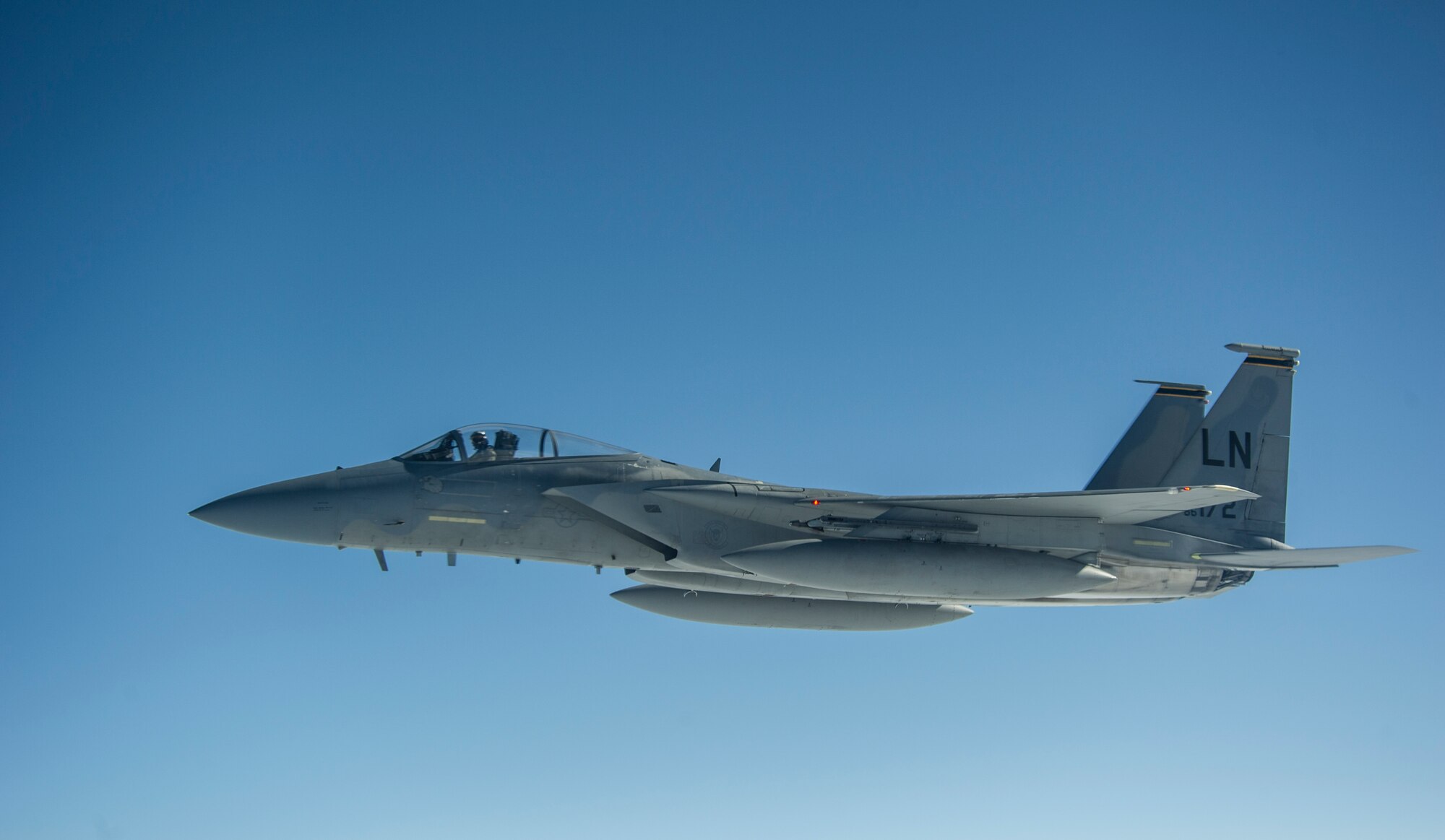 KEFLAVIK, Iceland -- An F-15C Eagle flies near a KC-135 Stratotanker after aerial refueling near Keflavik International Airport May 27, 2014. Icelandic Minister of Foreign Affairs Gunnar Sveinsson, his staff, Director General of the Icelandic Coast Guard Georg Larusson, and U.S. Embassy Charge d’affaires Paul O’Friel flew on the mission to witness the U.S.-led Icelandic Air Policing mission currently happening there. (U.S. Air Force photo/Tech. Sgt. Benjamin Wilson)(Released)