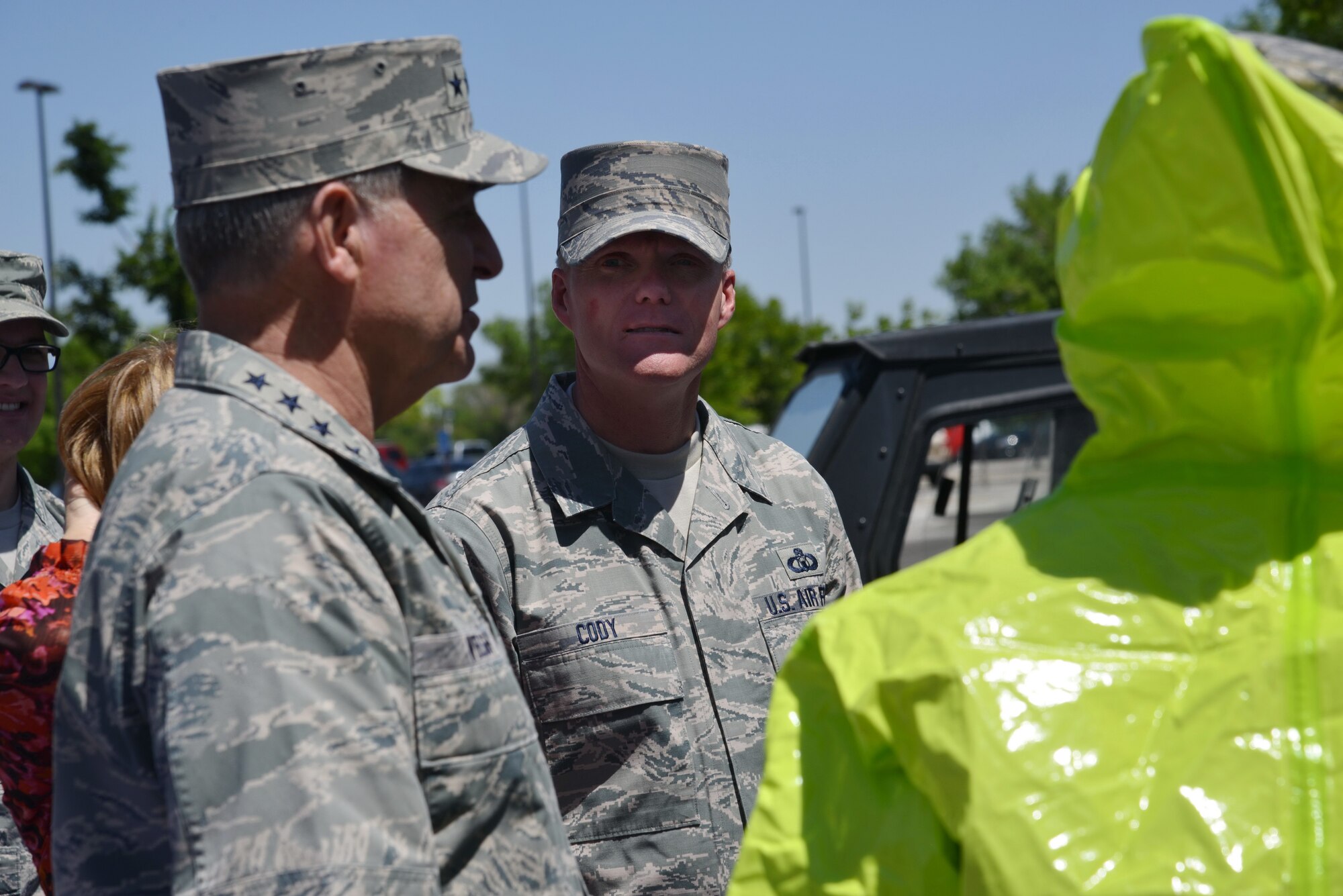 Gen. Mark A. Welsh III, Chief of Staff of the Air Force, and Chief Master Sgt. of the Air Force James Cody get a presentation of the base's HAZMAT capabilities during a May 20 visit to Kirtland. The general and chief spent several days at the base touring facilities and meeting with Airmen. (Photo by Ken Moore)
