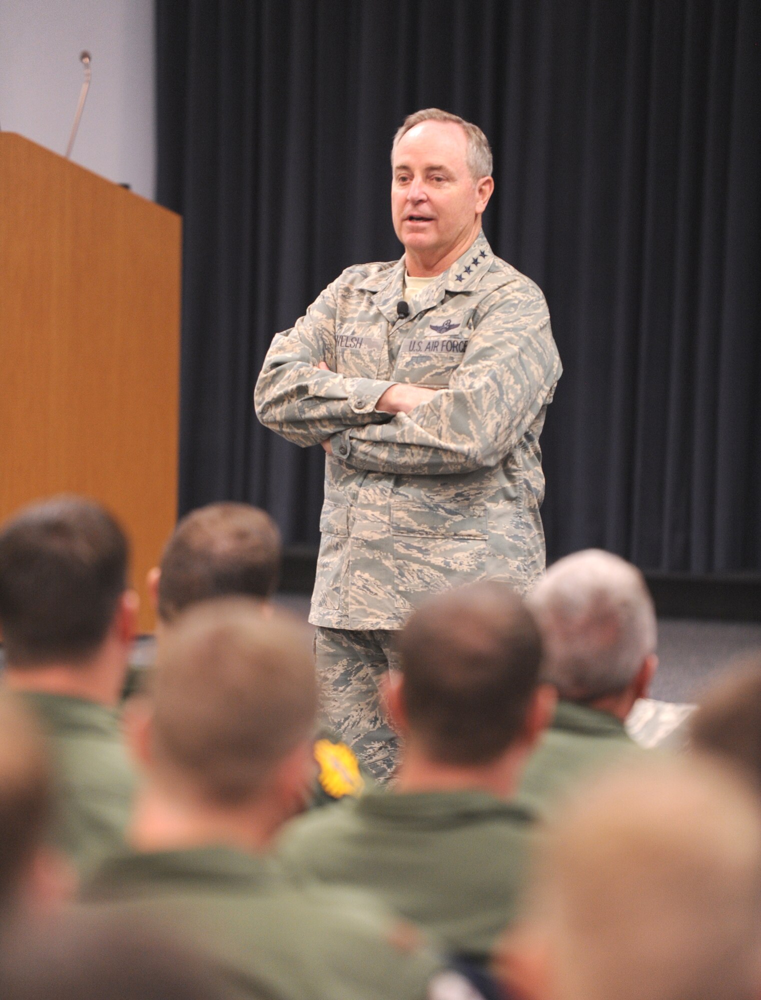Gen. Mark A. Welsh III, Chief of Staff of the Air Force, speaks to Airmen during an all call May 20 during a visit to Kirtland Air Force Base, N.M. Welsh spent several days at the base touring facilities and meeting with Airmen.  (Photo by Todd Berenger)