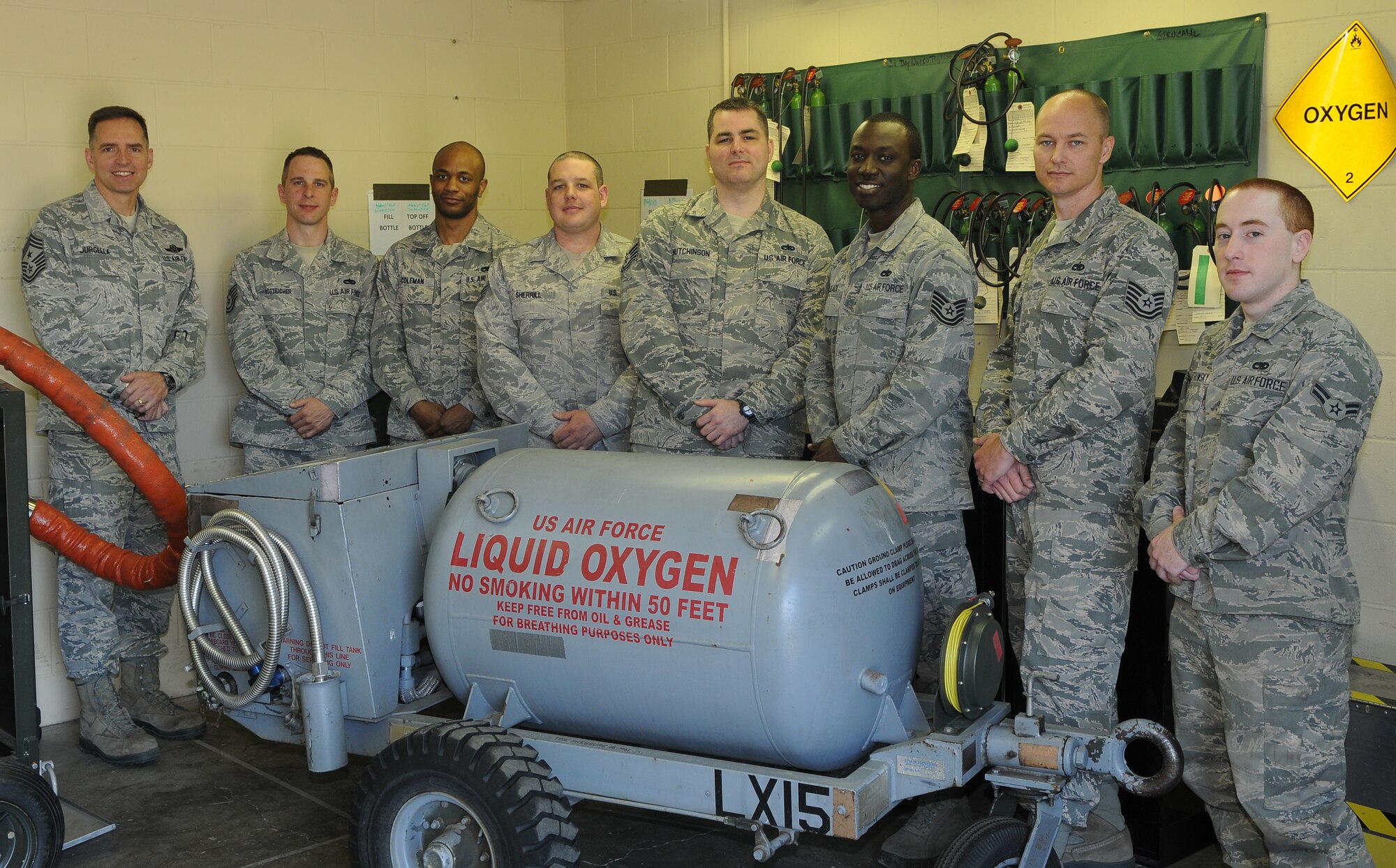 The 5th Maintenance Squadrons Electro-Environmental Section has 16 technicians who support multiple agencies on Minot AFB, to include the 91st Missile Wing, 5th Operations Group and 5th Maintenance Group.  They service and repair 19 liquid and gaseous oxygen carts, perform major aircraft phase inspections and maintenance on the 5th Bomb Wing’s B-52H aircraft and 91st Missile Wing's UH-N1 helicopters. Due to limited manning and experience levels the shop consistently teams up with Aircraft Maintenance Squadrons Electro-Environmental section when aircraft require complex troubleshooting or during large aircraft generations to get the mission done.  The section currently has 6 members deployed to Ellsworth and Andersen AFB, Guam providing outstanding support to back shop and flight line operations.
