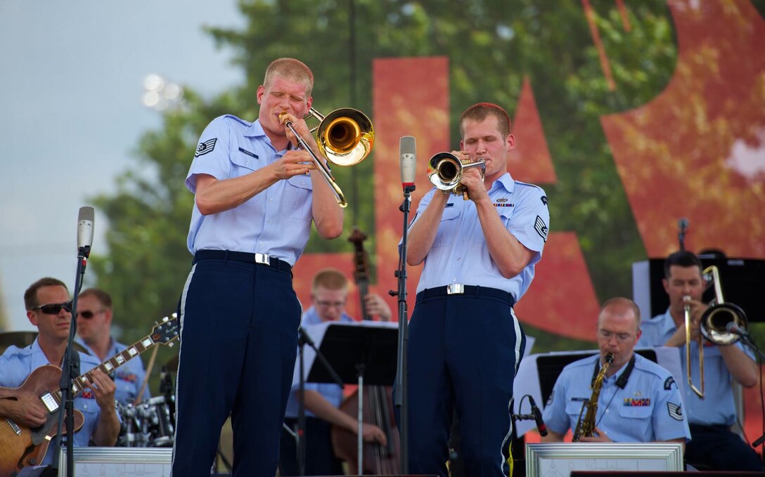 TSgts Luke Brandon and Kevin Cerovich perform an original composition at the Atlanta Jazz Festival.  The work is entitled "The New Cats," and was written by the Airmen of Note's own MSgt Ben Patterson (US Air Force Photo by SMSgt Kevin Burns/released).