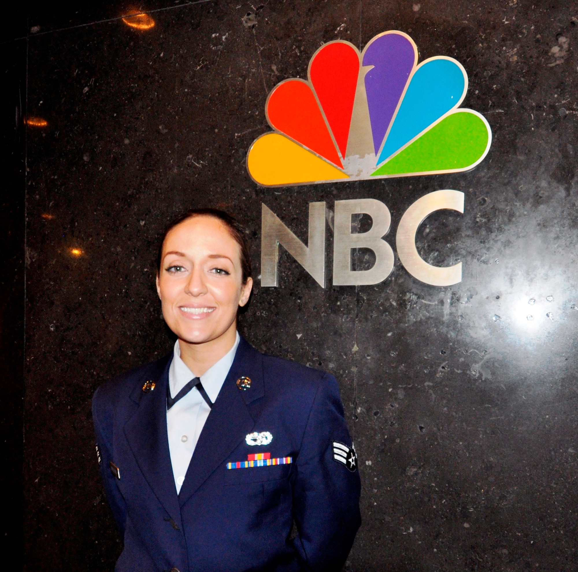 Senior Airman Erika Swinesburg, 76th Air Refueling Squadron boom operator, was one of ten servicemembers selected to participate in an on-air segment called “Random Object Shootout,” in which participants shoot arbitrary objects such as water guns or sacks of unsecured bouncy balls into a basketball goal. The show’s featured guests also included comedian and writer Seth Macfarlane, actress Thandie Newton, and musical guests Rascal Flatts (U.S. Air Force photo/Senior Airman Chelsea Smith).