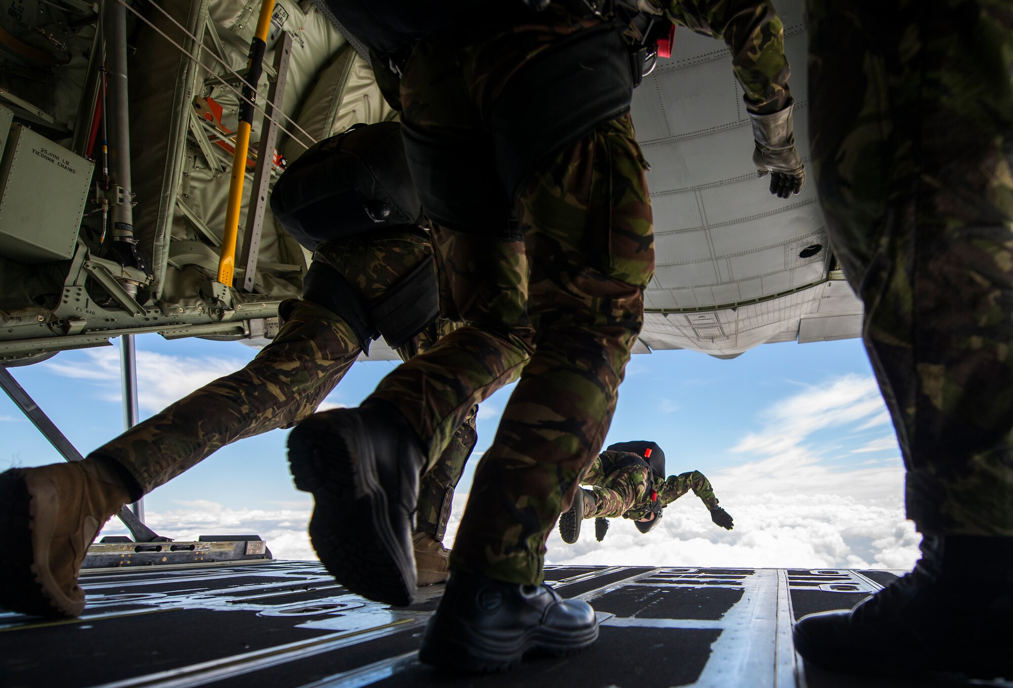 Romanian paratroopers perform high-altitude, low-opening jumps out of a U.S. Air Force C-130J Super Hercules during Carpathian Spring 2014, May18, 2014, above Campia Turzii, Romania. C-130J pilots, loadmasters and U.S. Army jumpmasters worked together with paratroopers to ensure their safety during static-line and HALO jumps from the aircraft above Romanian drop zones. (U.S. Air Force photo/Senior Airman Damon Kasberg)