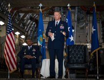 Brig. Gen. Darren Hartford addresses the audience during his promotion ceremony May 22, 2014, at the HSC Hangar on Joint Base Charleston, S.C. Hartford's next assignment is commander, 379th Air Expeditionary Wing in Al Udeid. (U.S. Air Force photo/ Airman 1st Class Clayton Cupit)