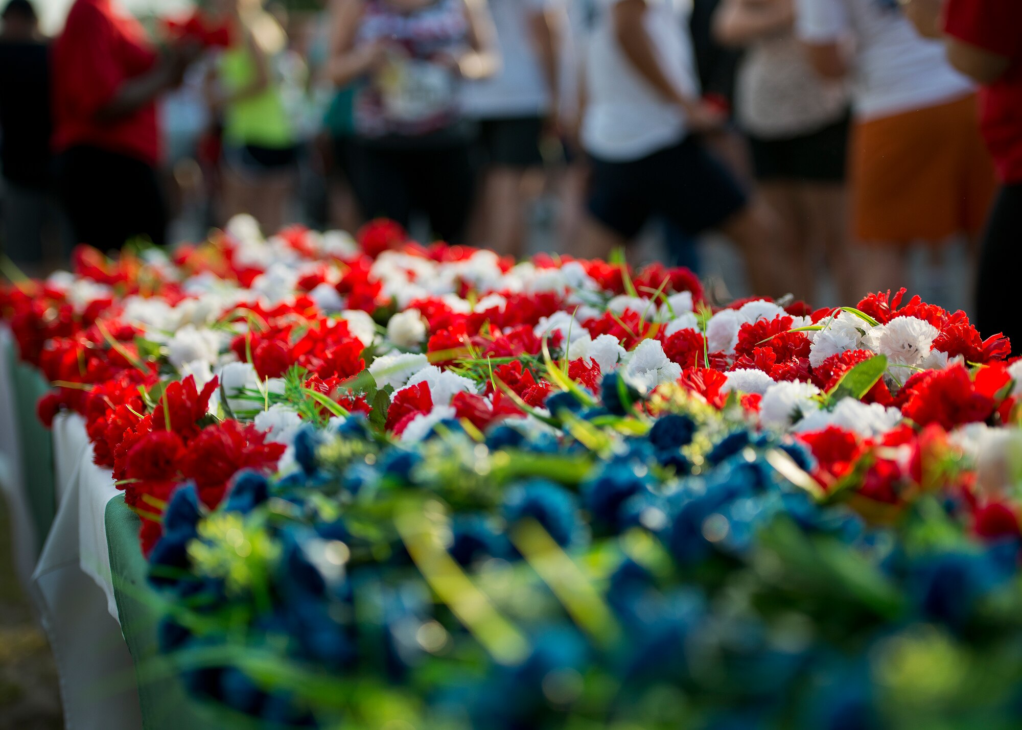 An American flag carnation display held the flowers runners could take and drop at the All Veterans Memorial at the 29th annual Gate-to-Gate Run May 24 at Eglin Air Force Base, Fla. More than 1,200 people participated in the 4.4-mile race. (U.S. Air Force photo/Samuel King Jr.)