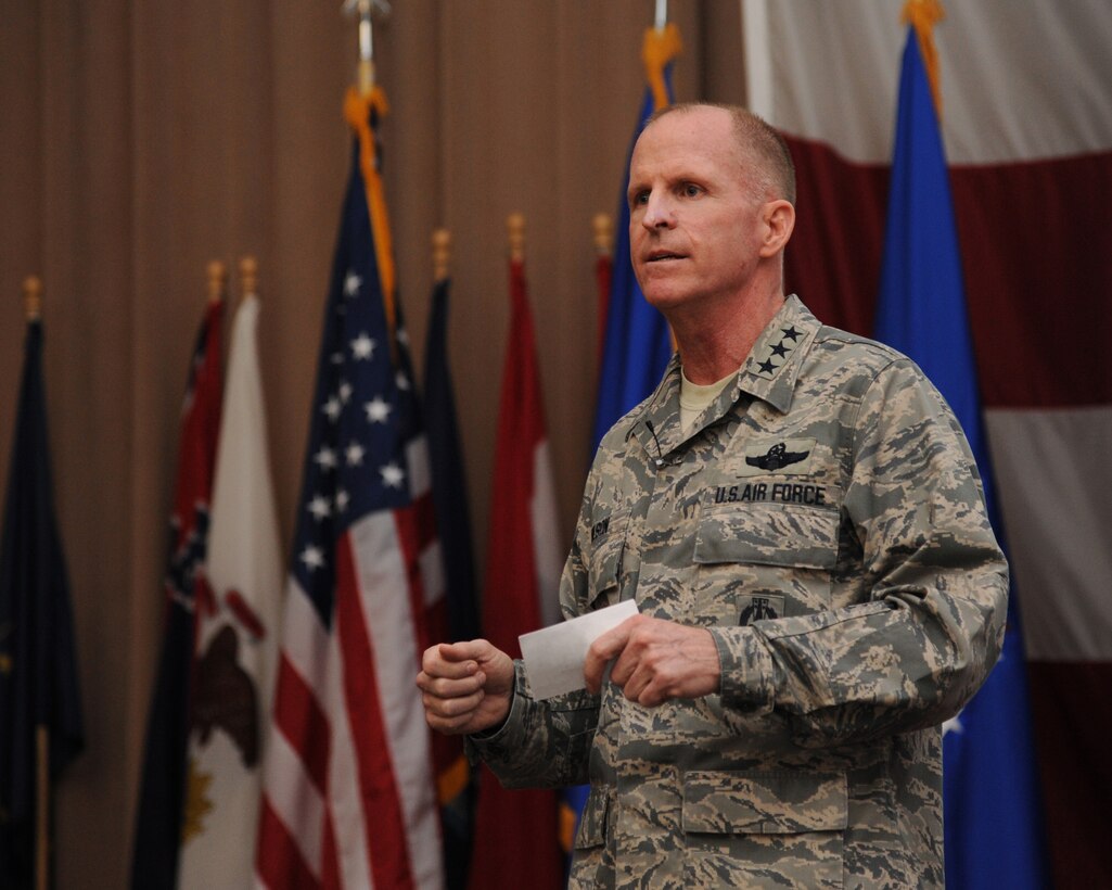 Lt. Gen. Stephen Wilson, Air Force Global Strike Command commander, speaks to Airmen during a Headquarters down day focusing on sexual assault prevention and response. (U.S. Air Force photo illustration/Airman 1st Class Jannelle Dickey) 