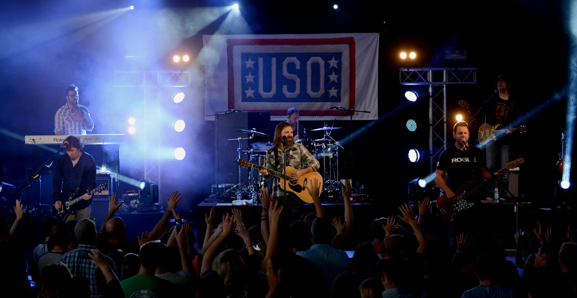 Third Day plays for Team Mildenhall members as part of an United Service Organizations concert May 23, 2014, on RAF Mildenhall, England. The concert was part of the second USO tour the band has been a part of since they formed more than 20 years ago. (U.S. Air Force photo by Airman 1st Class Preston Webb/Released) 