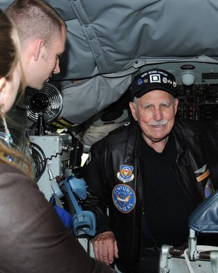 Joe Urice, a World War II veteran, tours the cockpit of a KC-135 Stratotanker during a base visit May 22, 2014, on RAF Mildenhall, England. Urice served from December 1944 to November 1945 with the 100th Bombardment Group as a B-17 Flying Fortress tail-gunner. He visited different locations on RAF Mildenhall including the Galaxy Club, aircraft and the headquarters building to meet with U.S. Air Force Col. Kenneth T. Bibb Jr., 100th Air Refueling Wing commander. (U.S. Air Force photo by Gina Randall/Released)