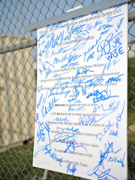 A pledge to help prevent sexual assault in the military community stands near the outdoor track at Osan Air Base, Republic of Korea, May 22, 2014. Members of Team Osan signed the pledge as part of a Sexual Assault Prevention and Response Down Day. (U.S. Air Force photo/Airman 1st Class Ashley J. Thum)
