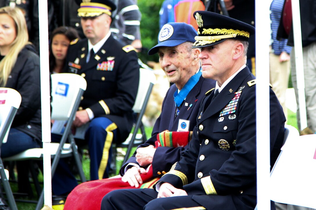 Medal of Honor Recipient Wilburn K. Ross and Army Lt. Gen. Stephen R. Lanza, commanding general of I Corps, remember fallen soldiers during a Memorial Day ceremony at the Ross Memorial in DuPont, Wash., May 26, 2014. 