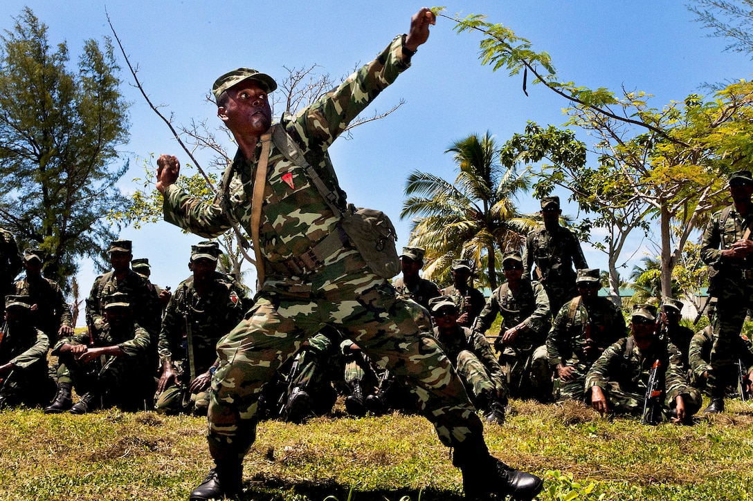 A rifleman demonstrates throwing a grenade during Exercise Coconut Grove 2012 in the Republic of Maldives, Oct. 6, 2012. The U.S. Marine Corps and the Maldivian defense force conduct the bilateral training exercise biannually.  
