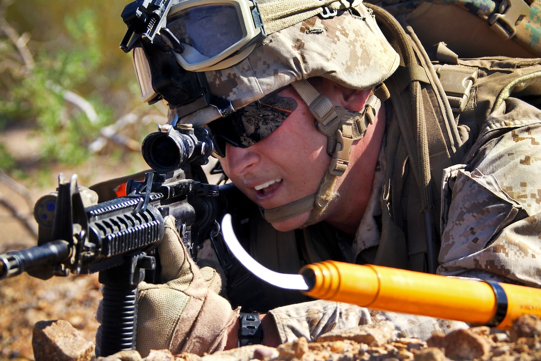 U.S. Marine Lance Cpl. Matthew McNeill provides security while participating in a training patrol on improvised explosive devices at the Yuma Proving Grounds, Yuma, Ariz., Oct. 2, 2012. McNeill, a assaultman, is assigned to the 2nd Marine Division's Kilo Company, 3rd Battalion, 6th Marine Regiment, 2nd Marine Division.  
