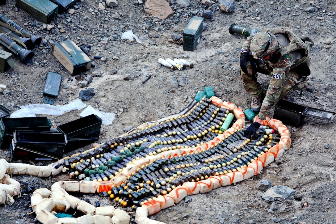 A U.S. soldier organizes unstable ordnance for destruction at the demolition range on Forward Operating Base Salerno in Afghanistan's Khost province, Sept. 2, 2012.  
