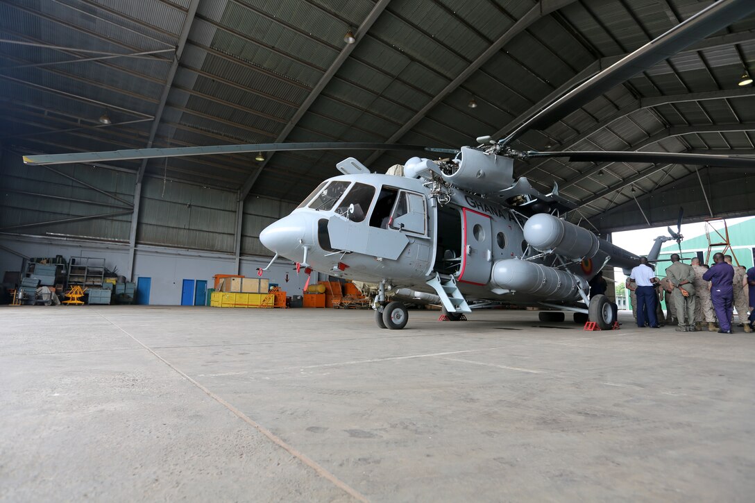 U.S. Marines of Special-Purpose Marine Air-Ground Task Force Crisis Response are shown intricacies and functions of the Mi-171Sh helicopter during a visit with the Ghanaian Air Force in Accra, Ghana, May 06, 2014. . The visit was held to increase partnership with Ghanaian Armed Forces. 