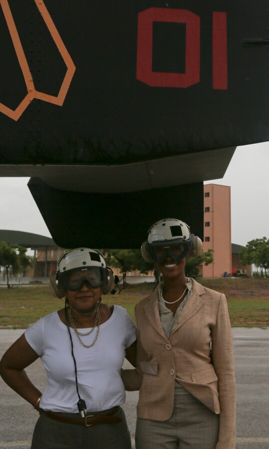 U.S. Deputy Chief of Mission C. Patricia Alsup stands by the MV-22B tiltrotor Osprey during a visit between the U.S. Marines of Special-Purpose Marine Air-Ground Task Force Crisis Response and the Ghanaian Air Force in Accra, Ghana, May 07, 2014. The visit was held to increase partnership with Ghanaian military forces.