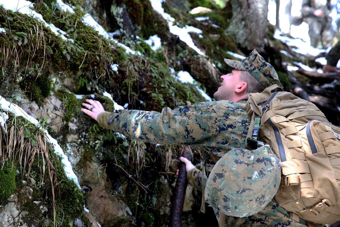 Sergeant Wallace Tainter, an infantryman with Black Sea Rotational Force 14 from 3rd Battalion, 8th Marine Regiment, climbs over a ledge during a mountain training exercise with Romanian soldiers of the 17th Mountain Troop Bn. during Exercise Platinum Lynx in the Carpathian Mountains, May 7, 2014. Exercise Platinum Lynx 14-5 is a bilateral exercise between the United States Marines and sailors, and Romanian Land Forces, designed to build familiarity and interoperability between the United States and their Romanian allies through squad and platoon level infantry training. (Official Marine Corps photo by Lance Cpl. Scott W. Whiting, BSRF PAO/ Released)