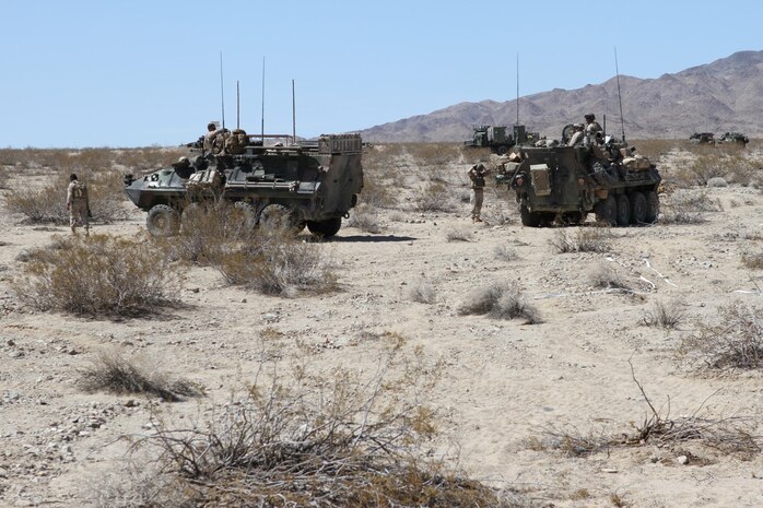 Marines with Delta Company, 1st Light Armored Reconnaissance Battalion, prepare for a convoy during Exercise Desert Scimitar aboard Marine Corps Air Ground Combat Center Twentynine Palms, Calif., May 13, 2014. Desert Scimitar is a large-scale exercise involving air, ground and logistical elements from I Marine Expeditionary Force.