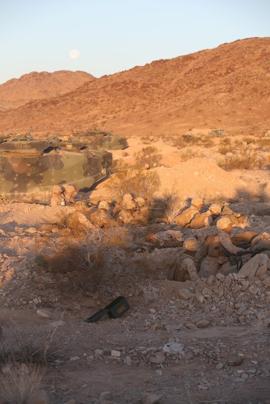 Marines with 2nd Battalion, 4th Marine Regiment, dig in and prepare a battalion-level defense during Exercise Desert Scimitar aboard Marine Corps Air Ground Combat Center Twentynine Palms, Calif., May 12, 2014. Desert Scimitar is an annual combined-arms exercise to ensure I Marine Expeditionary Force is prepared to face any crisis worldwide.