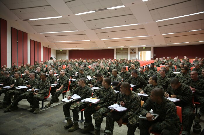 Recruits of Company I, 3rd Recruit Training Battalion, attend a reguarding the UCMJ regulations aboard Marine Corps Recruit Depot San Diego, May 19. Service members have 146 articles they have to follow that provide set behaviors that all service members are expected to uphold.