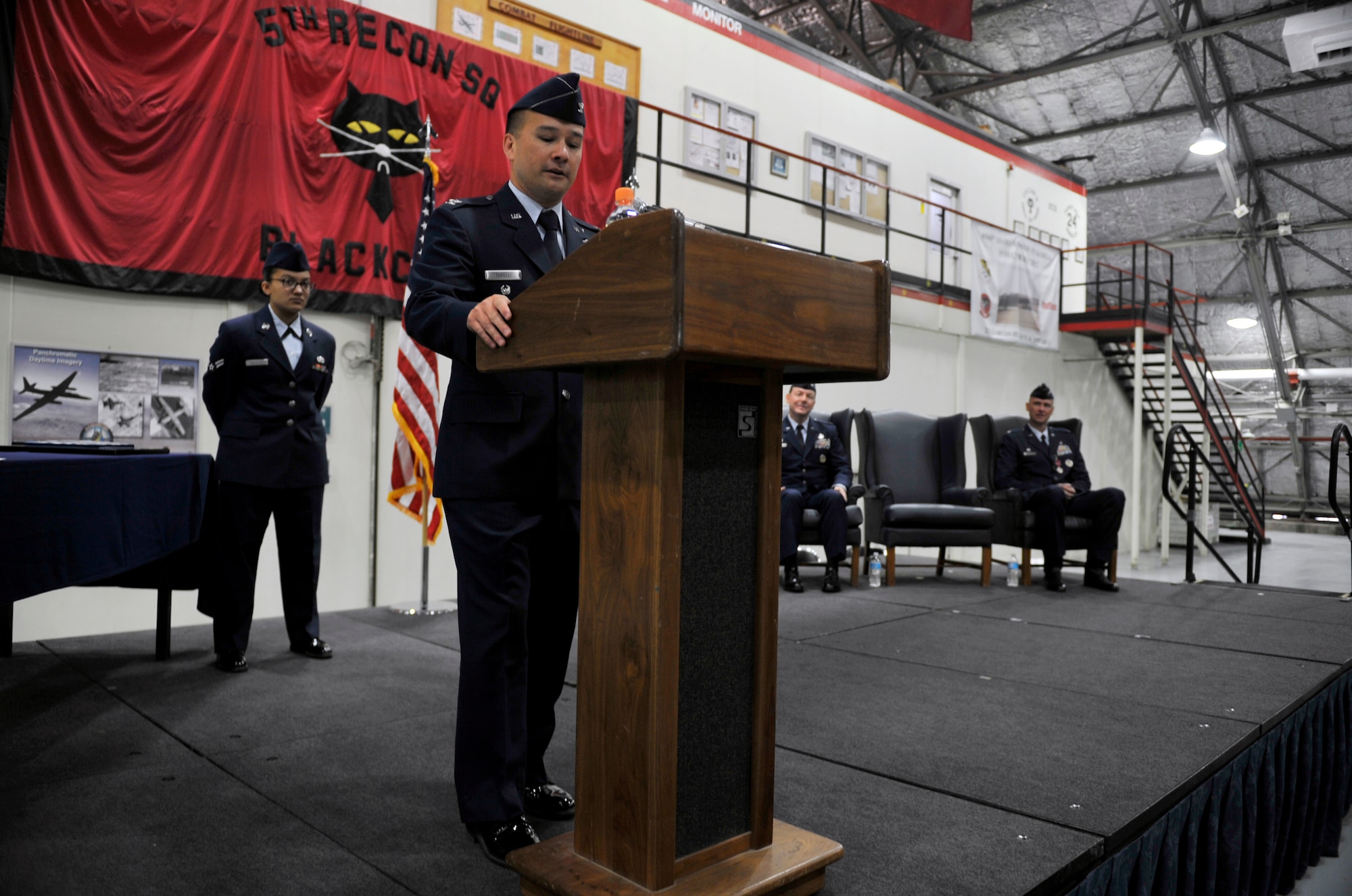 Col. Andrew Torelli, 694th Intelligence, Surveillance and Reconnaissance Group commander, speaks at the 694th ISRG change of command ceremony May 21, at the 5th Reconnaissance Squadron Hangar on Osan Air Base, Republic of Korea. Torelli takes command of approximately 700 Airmen in the ISRG. (U.S. Air Force photo by Senior Airman David Owsianka)