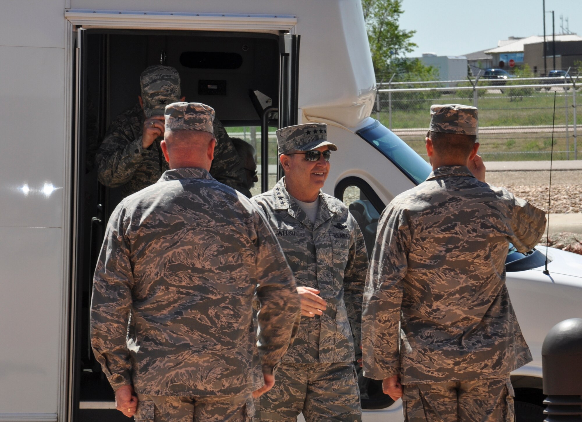 Air Force Chief of Staff Gen. Mark A. Welsh III arrives at the 460th Operations Group Mission Control Station during a visit May 27, 2014, to Buckley Air Force Base, Colo. Welsh’s visit to Buckley included mission briefings, Airmen recognition and a chance for the base to meet the Air Force’s top officer. (U.S. Air Force photo by 2nd Lt. Trevor Zakrzewski/Released)