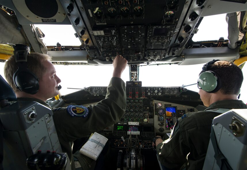 Capt. Norman Popp (left) and Capt. Mike Gargano, 48th Air Expeditionary Group KC-135 Stratotanker pilots, prepare for takeoff during a training mission on Keflavik International Airport May 28, 2014. The group is deployed for the NATO mission of Icelandic Air Policing. (U.S. Air Force photo/Tech. Sgt. Benjamin Wilson)